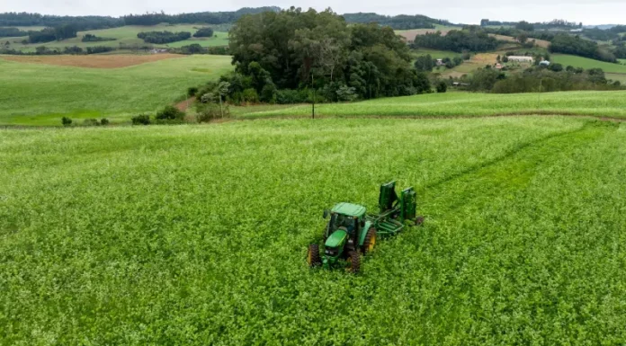 Foto mostra um trator trabalhando em uma lavoura verde, ilustrando ações de produção agrícola e o objetivo de fortalecer o setor por meio do Programa Coopera Agro SC.
