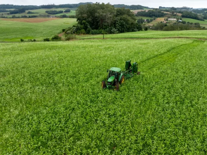 Foto mostra um trator trabalhando em uma lavoura verde, ilustrando ações de produção agrícola e o objetivo de fortalecer o setor por meio do Programa Coopera Agro SC.