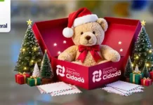 Imagem institucional da Receita Federal com urso de pelúcia usando gorro de Natal dentro de uma caixa da campanha Receita Cidadã, ao lado de árvores natalinas e presentes, simbolizando doações para o Papai Noel dos Correios.