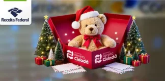 Imagem institucional da Receita Federal com urso de pelúcia usando gorro de Natal dentro de uma caixa da campanha Receita Cidadã, ao lado de árvores natalinas e presentes, simbolizando doações para o Papai Noel dos Correios.