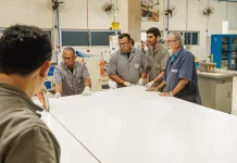 Foto mostra operários trabalhando em uma indústria, ilustrando oportunidades disponíveis na plataforma São José + Empregos.