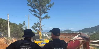 agentes da Guarda Municipal e da Guarda Municipal Ambiental acompanham a demolição de construções irregulares para garantir segurança e cumprimento da ação