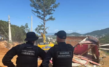 agentes da Guarda Municipal e da Guarda Municipal Ambiental acompanham a demolição de construções irregulares para garantir segurança e cumprimento da ação