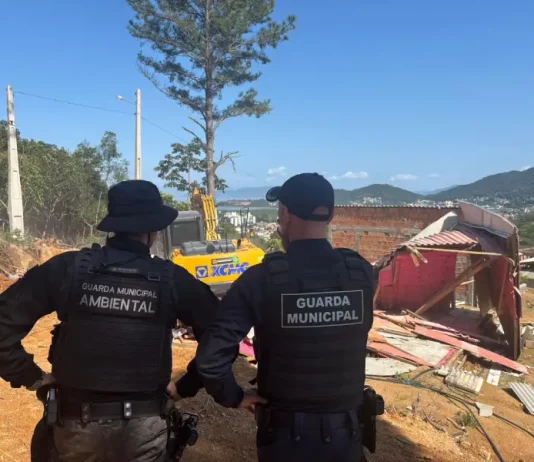 agentes da Guarda Municipal e da Guarda Municipal Ambiental acompanham a demolição de construções irregulares para garantir segurança e cumprimento da ação
