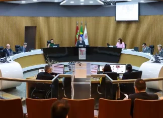 Sessão do Pleno do Tribunal de Contas de Santa Catarina (TCE/SC) durante julgamento de processos, com conselheiros reunidos em plenário para análise e votação das contas dos municípios.