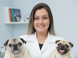 Vanessa Maria Dias segurando dois cães, destacando cuidado e bem-estar de animais de companhia.