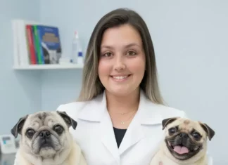 A importância do conhecimento técnico em estudos sobre prevenção e saúde integrativa em animais de companhia Vanessa Maria Dias segurando dois cães, destacando cuidado e bem-estar de animais de companhia.