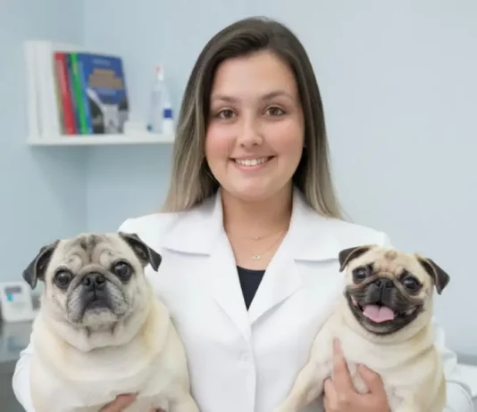 Vanessa Maria Dias segurando dois cães, destacando cuidado e bem-estar de animais de companhia.