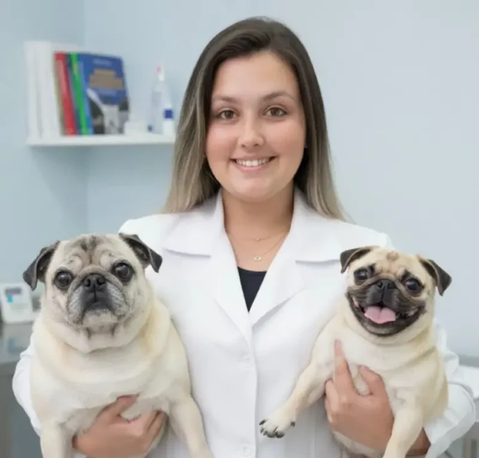 Vanessa e animais de companhia Vanessa Maria Dias segurando dois cães, destacando cuidado e bem-estar de animais de companhia.
