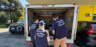 agentes da vigilância sanitária fiscalizando carga de carne imprópria para consumo humano, em baú de caminhão