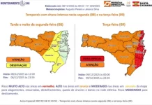 Mapa que indica as regiões de Santa Catarina com diferentes níveis de risco para temporais.