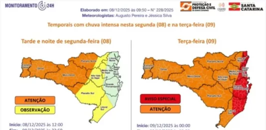 Rede estadual de SC interrompe aulas por prevenção aos riscos dos temporais Mapa que indica as regiões de Santa Catarina com diferentes níveis de risco para temporais.
