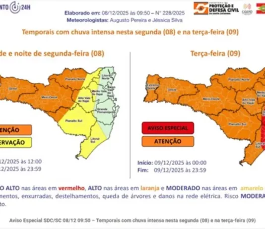 Rede estadual de SC interrompe aulas por prevenção aos riscos dos temporais Mapa que indica as regiões de Santa Catarina com diferentes níveis de risco para temporais.