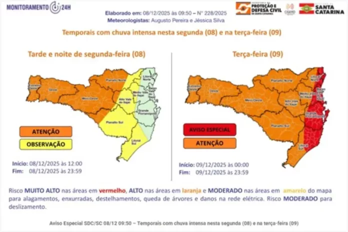 chuvas intensas Mapa que indica as regiões de Santa Catarina com diferentes níveis de risco para temporais.