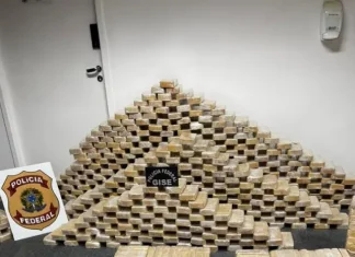 Tabletes de cocaína empilhados ao lado do símbolo da Polícia Federal, mostrando a quantidade de drogas apreendidas durante a operação em Blumenau.
