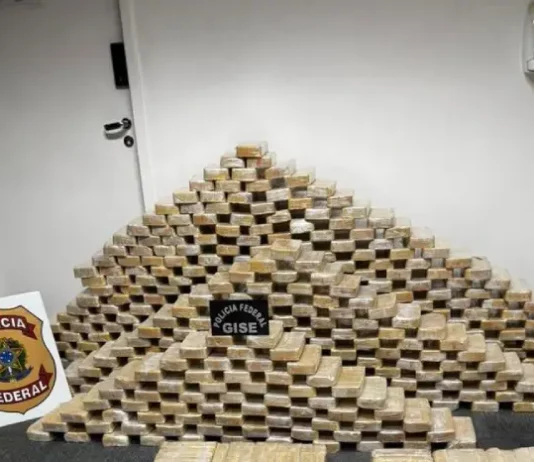 Polícia Federal e PMSC apreendem 613 kg de cocaína em bunker subterrâneo em Blumenau Tabletes de cocaína empilhados ao lado do símbolo da Polícia Federal, mostrando a quantidade de drogas apreendidas durante a operação em Blumenau.