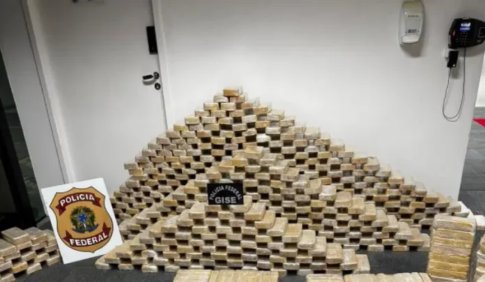 Tabletes de cocaína empilhados ao lado do símbolo da Polícia Federal, mostrando a quantidade de drogas apreendidas durante a operação em Blumenau.