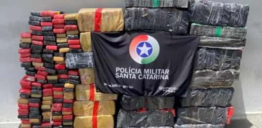Trio é preso com quase 722 kg de maconha em Joinville Foto mostra tabletes de maconha apreendidos pela Polícia Militar em operação contra o tráfico em Joinville.