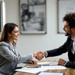 Imagem ilustra a formalização de um acordo financeiro, com duas pessoas apertando as mãos após concluir a contratação de um empréstimo pessoal.