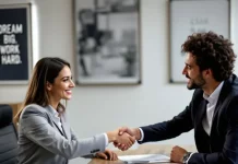 Emprestimo pessoal Mercado Pago: vantagens, condições e como contratar Imagem ilustra a formalização de um acordo financeiro, com duas pessoas apertando as mãos após concluir a contratação de um empréstimo pessoal.