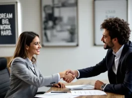 Emprestimo pessoal Mercado Pago: vantagens, condições e como contratar Imagem ilustra a formalização de um acordo financeiro, com duas pessoas apertando as mãos após concluir a contratação de um empréstimo pessoal.