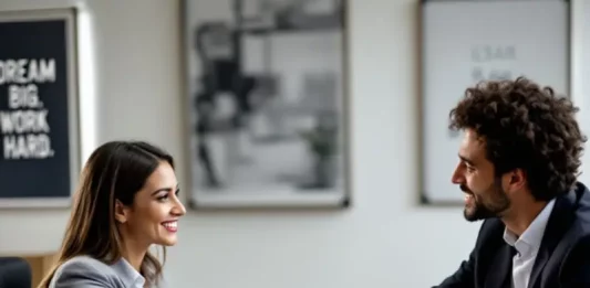 Imagem ilustra a formalização de um acordo financeiro, com duas pessoas apertando as mãos após concluir a contratação de um empréstimo pessoal.