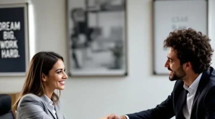 Imagem ilustra a formalização de um acordo financeiro, com duas pessoas apertando as mãos após concluir a contratação de um empréstimo pessoal.
