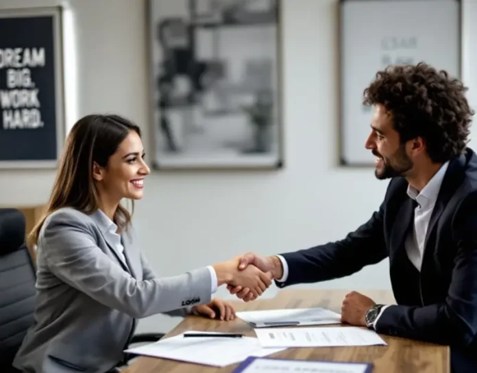 Imagem ilustra a formalização de um acordo financeiro, com duas pessoas apertando as mãos após concluir a contratação de um empréstimo pessoal.