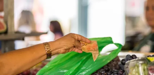 Santa Catarina tem a menor taxa de pobreza e extrema pobreza do Brasil, aponta IBGE Mulher pagando R$ 20 por frutas na feira, representando a baixa taxa de pobreza e extrema pobreza em Santa Catarina.