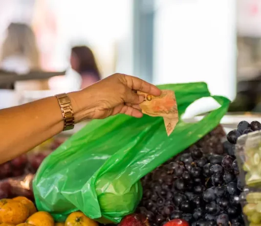 Mulher pagando R$ 20 por frutas na feira, representando a baixa taxa de pobreza e extrema pobreza em Santa Catarina.