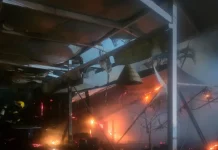 Incêndio destrói parte de restaurante em marina no Norte da Ilha, em Florianópolis Foto mostra bombeiros atuando no combate ao incêndio dentro do restaurante instalado em uma marina, destacando as chamas ainda ativas e a destruição parcial da estrutura.