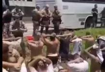 Torcedores atacam ônibus rival e bloqueiam BR-101 em Santa Catarina Torcedores ajoelhados no chão sendo detidos por policiais durante a ação que conteve o confronto na BR-101.