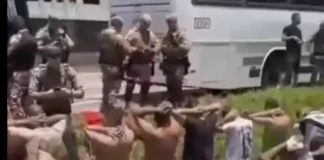 Torcedores ajoelhados no chão sendo detidos por policiais durante a ação que conteve o confronto na BR-101.