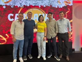 Prefeito Topázio Neto, vice-prefeita Marlene Matos e representantes da Hit Makers apresentam detalhes e programação do Carnaval 2026 em Florianópolis.