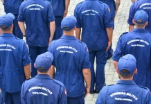 Grupo de bombeiros militares de Santa Catarina, vistos de costas e uniformizados, reunidos em formação, representando o efetivo do Corpo de Bombeiros Militar de Santa Catarina e ilustrando a abertura do processo seletivo para o Serviço Militar Estadual Temporário (SEMET), que visa reforçar as atividades operacionais da corporação em diversas regiões do estado.