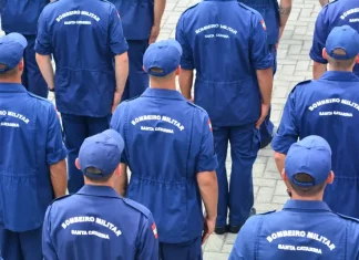 Corpo de Bombeiros Militar de Santa Catarina abre 630 vagas para Serviço Militar Temporário com salário acima de R$ 8 mil Grupo de bombeiros militares de Santa Catarina, vistos de costas e uniformizados, reunidos em formação, representando o efetivo do Corpo de Bombeiros Militar de Santa Catarina e ilustrando a abertura do processo seletivo para o Serviço Militar Estadual Temporário (SEMET), que visa reforçar as atividades operacionais da corporação em diversas regiões do estado.