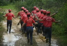Alunos do Corpo de Bombeiros Militar de Santa Catarina participam de treinamento durante curso de formação.
