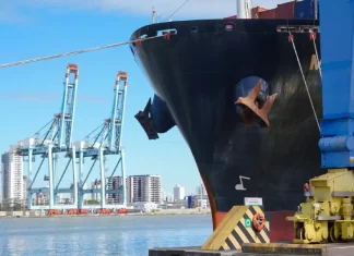 Exportações de Santa Catarina crescem 4,4% em 2025 e atingem maior valor da história Navio cargueiro atracado no porto, utilizado para embarque e transporte de mercadorias destinadas à exportação de Santa Catarina.