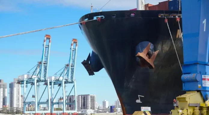Navio cargueiro atracado no porto, utilizado para embarque e transporte de mercadorias destinadas à exportação de Santa Catarina.