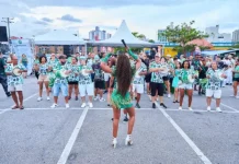 Escola de samba desfila no Carnaval de São José, mostrando fantasia, coreografia e a animação do público.