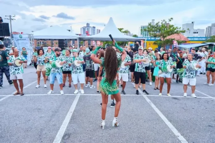 Escola de samba desfila no Carnaval de São José, mostrando fantasia, coreografia e a animação do público.