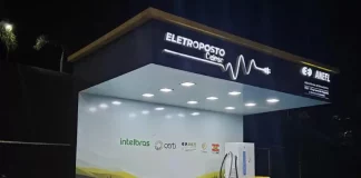 Eletroposto da Celesc destinado à recarga de veículos elétricos, destacando a infraestrutura pública de apoio à mobilidade sustentável em Santa Catarina.