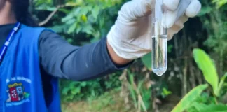 Agente de combate às endemias coleta amostra de água durante ação de fiscalização para prevenir focos do mosquito da dengue.