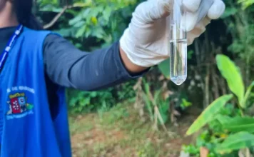 Agente de combate às endemias coleta amostra de água durante ação de fiscalização para prevenir focos do mosquito da dengue.