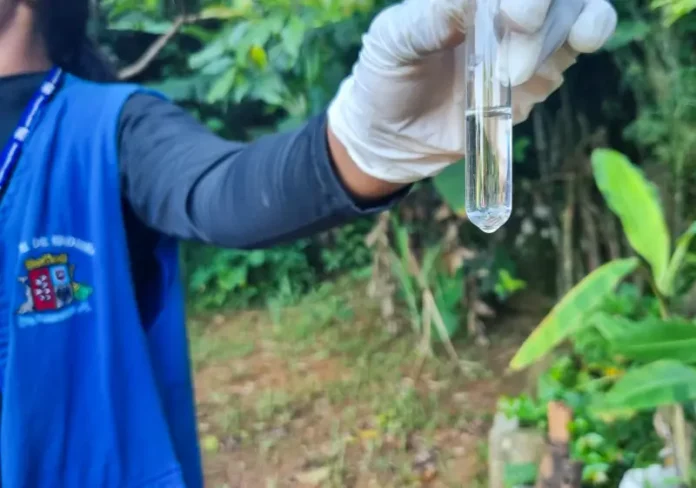 Agente de combate às endemias coleta amostra de água durante ação de fiscalização para prevenir focos do mosquito da dengue.