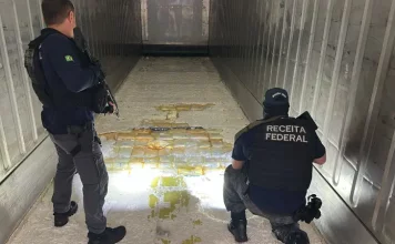 Agentes da Receita Federal vistoriam carga de maconha apreendida em caminhão