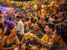Grupo de amigos brinda com copos de cerveja em bar lotado durante festa de Carnaval, com confetes e decoração colorida ao fundo, ilustrando o aumento do movimento em bares e restaurantes no período.