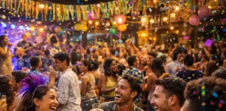 Grupo de amigos brinda com copos de cerveja em bar lotado durante festa de Carnaval, com confetes e decoração colorida ao fundo, ilustrando o aumento do movimento em bares e restaurantes no período.
