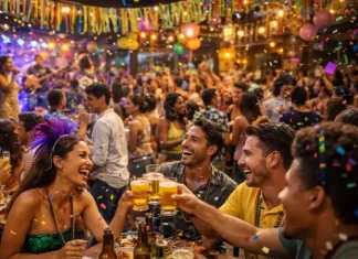 Grupo de amigos brinda com copos de cerveja em bar lotado durante festa de Carnaval, com confetes e decoração colorida ao fundo, ilustrando o aumento do movimento em bares e restaurantes no período.
