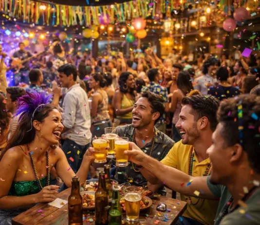 Grupo de amigos brinda com copos de cerveja em bar lotado durante festa de Carnaval, com confetes e decoração colorida ao fundo, ilustrando o aumento do movimento em bares e restaurantes no período.